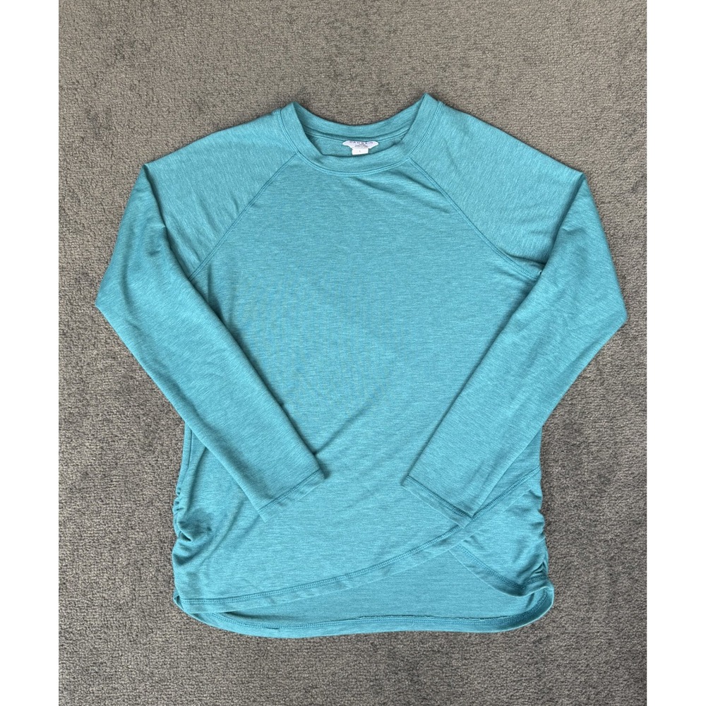 Danskin Womens Turquoise Heather Crossover Hem Ruched Activewear Top Large 9178